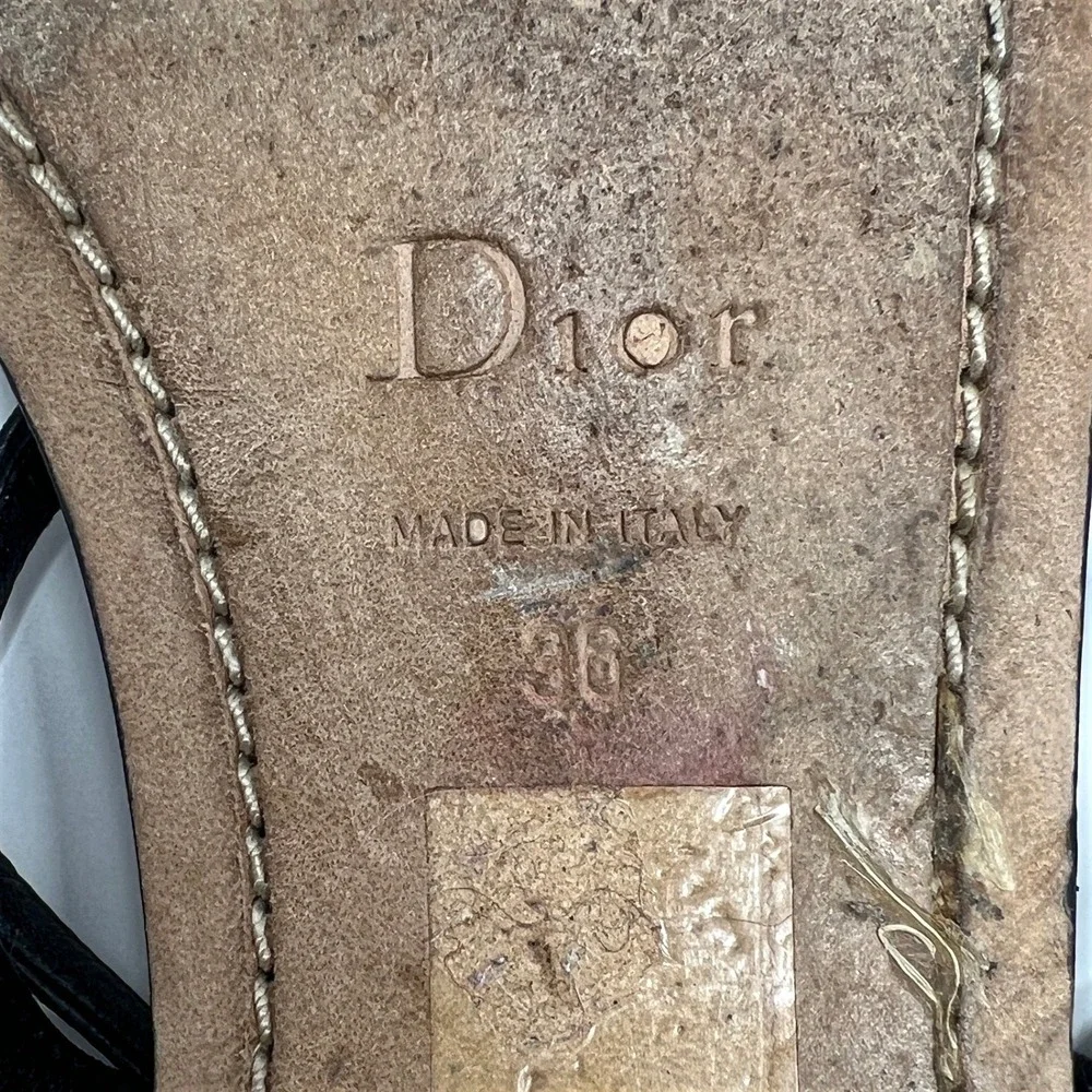 Christian Dior Delices Thong‎ Flat Sandals Black Leather Cannage Rosette 36